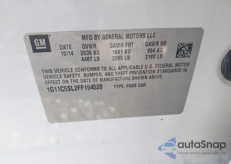 2015 Chevrolet Malibu 1Lt z USA, uszkodzony, nr VIN 1G11C5SL2FF194528